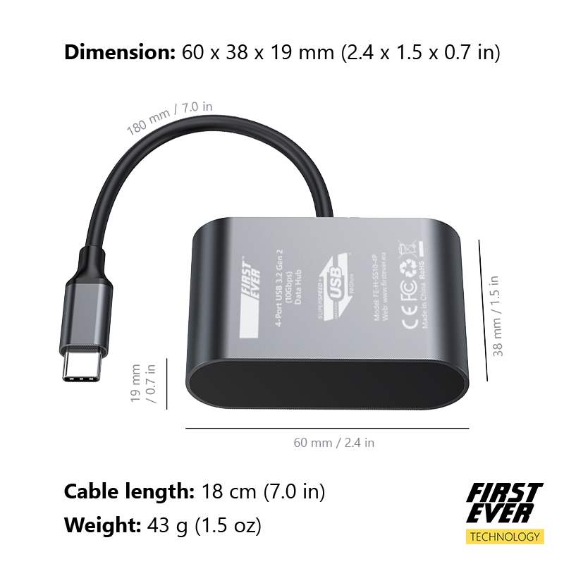 FirstEver 4-Port USB Type-C 3.2 Data Hub 10Gbps Aluminium LED - Image 5